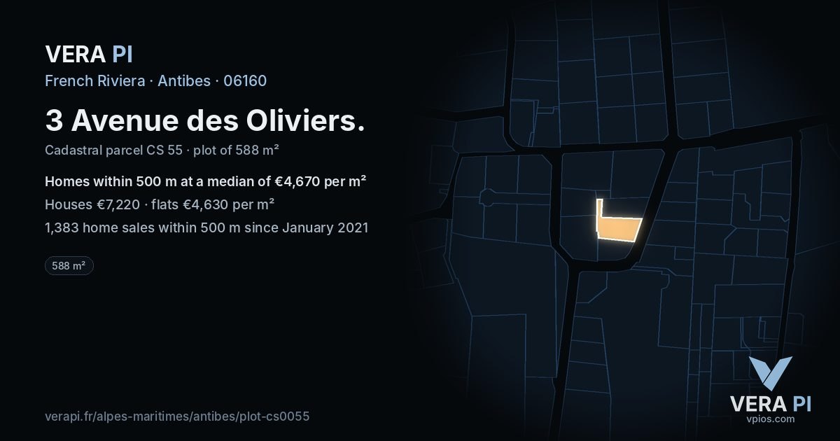 3 Avenue des Oliviers, Antibes at night – the plot lit, the parcels around coloured by the prices near them
