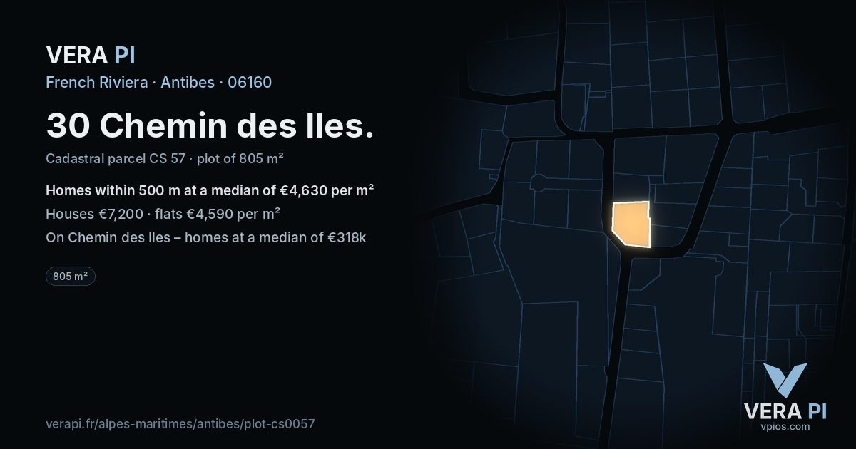 30 Chemin des Iles, Antibes at night – the plot lit, the parcels around coloured by the prices near them