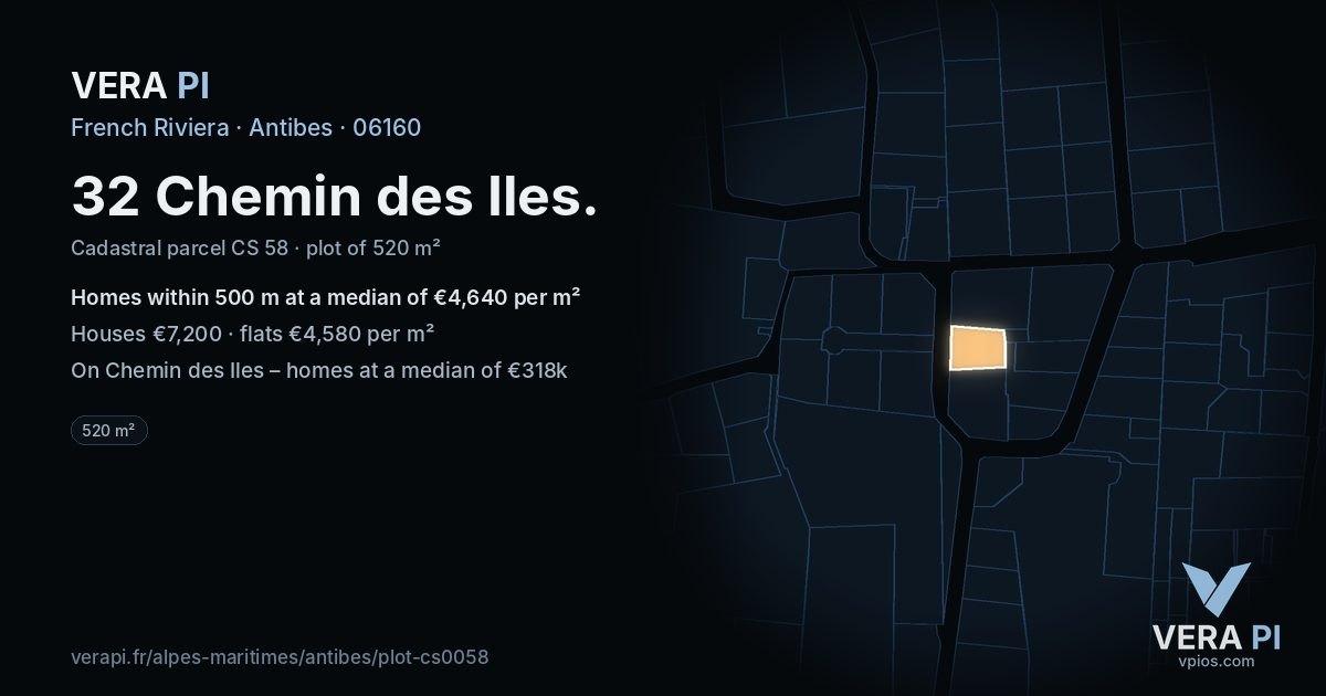 32 Chemin des Iles, Antibes at night – the plot lit, the parcels around coloured by the prices near them