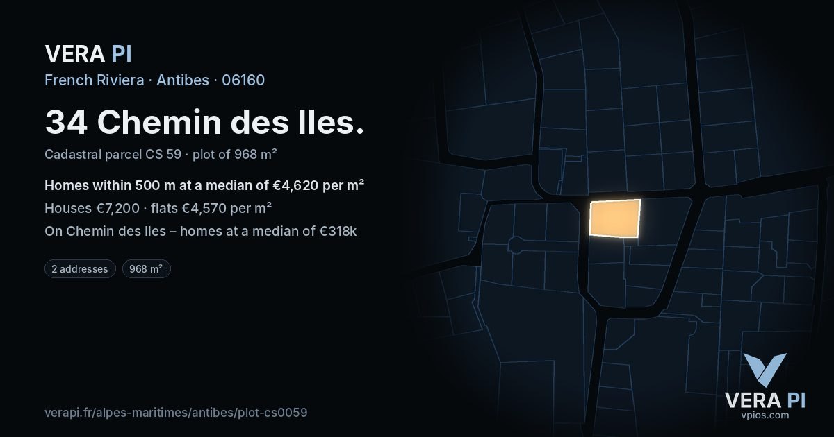 34 Chemin des Iles, Antibes at night – the plot lit, the parcels around coloured by the prices near them