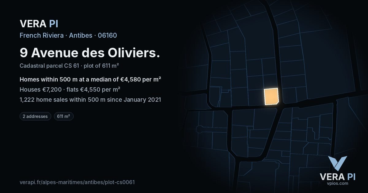 9 Avenue des Oliviers, Antibes at night – the plot lit, the parcels around coloured by the prices near them