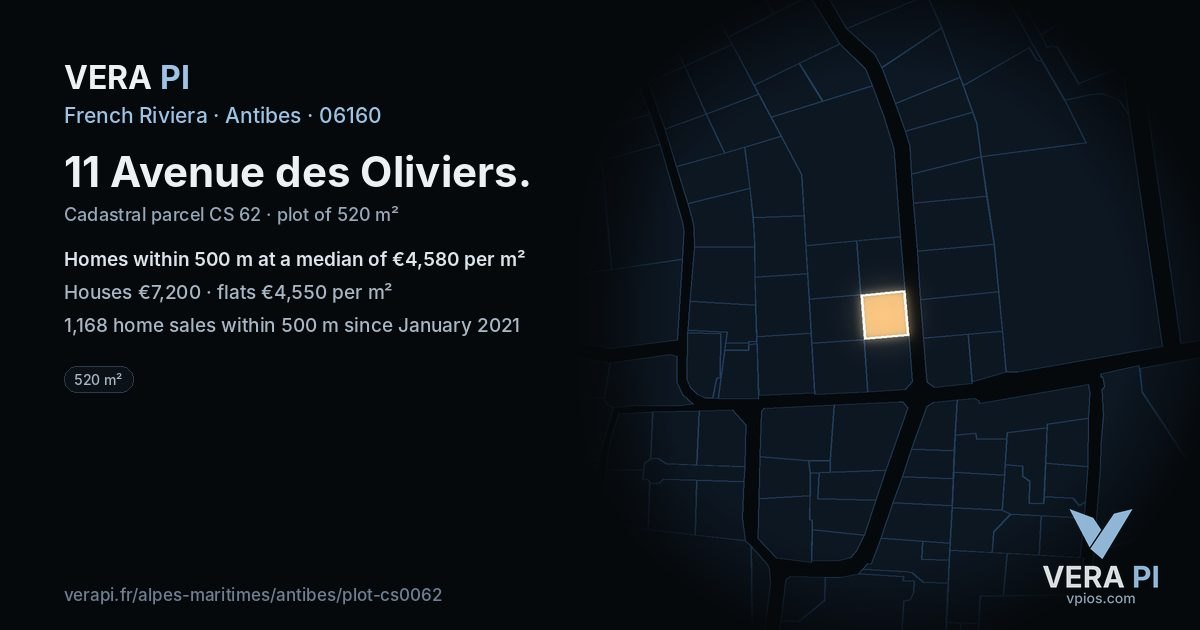 11 Avenue des Oliviers, Antibes at night – the plot lit, the parcels around coloured by the prices near them