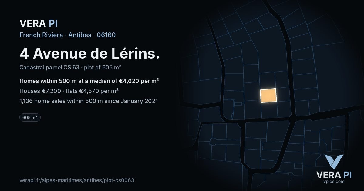 4 Avenue de Lérins, Antibes at night – the plot lit, the parcels around coloured by the prices near them