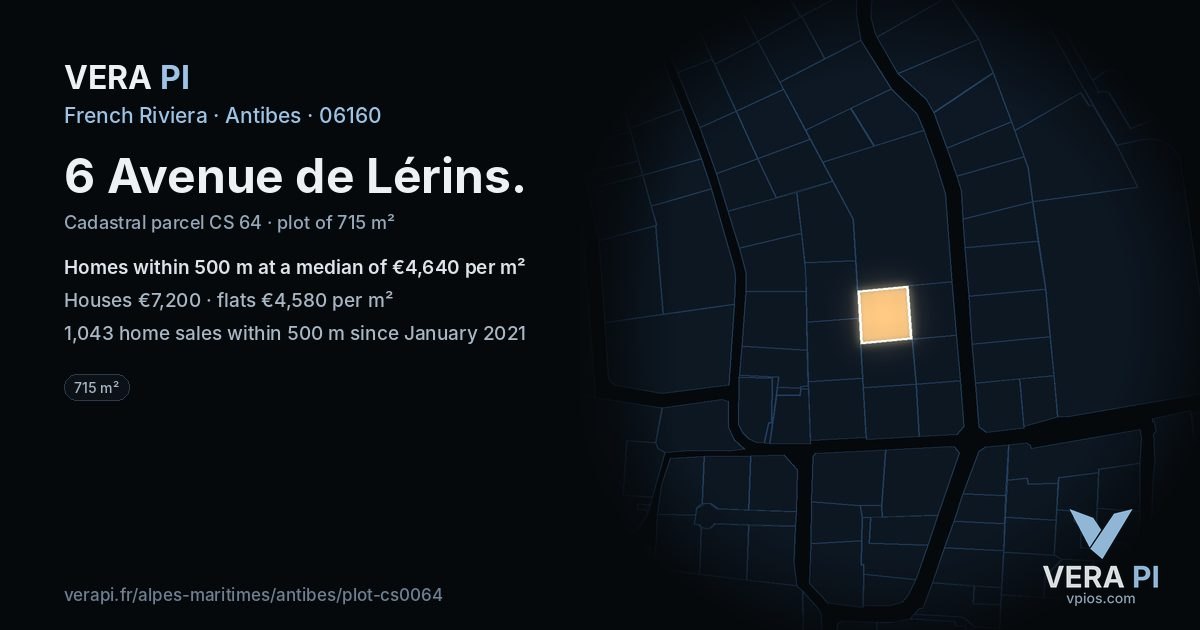 6 Avenue de Lérins, Antibes at night – the plot lit, the parcels around coloured by the prices near them