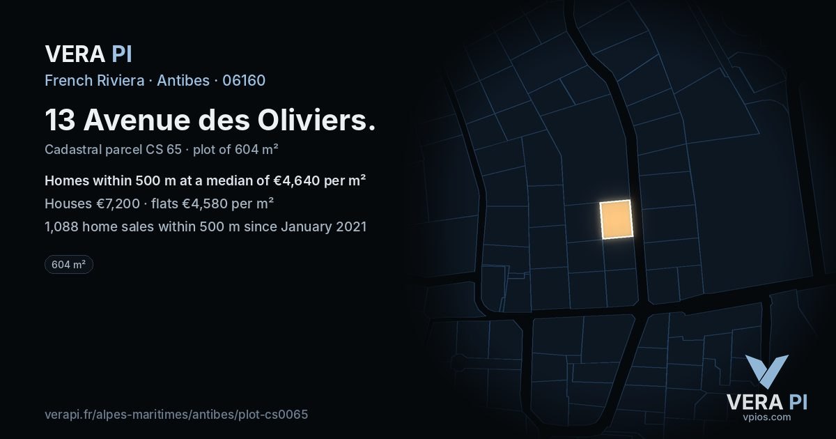 13 Avenue des Oliviers, Antibes at night – the plot lit, the parcels around coloured by the prices near them