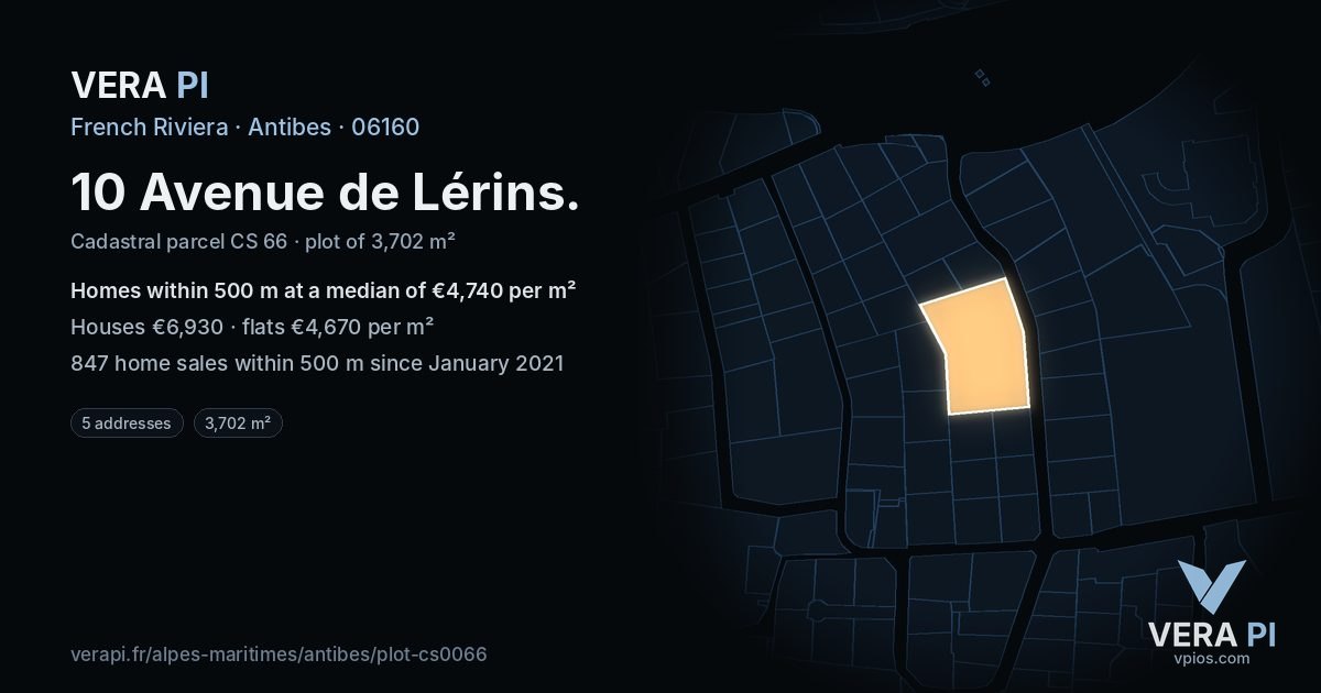 10 Avenue de Lérins, Antibes at night – the plot lit, the parcels around coloured by the prices near them