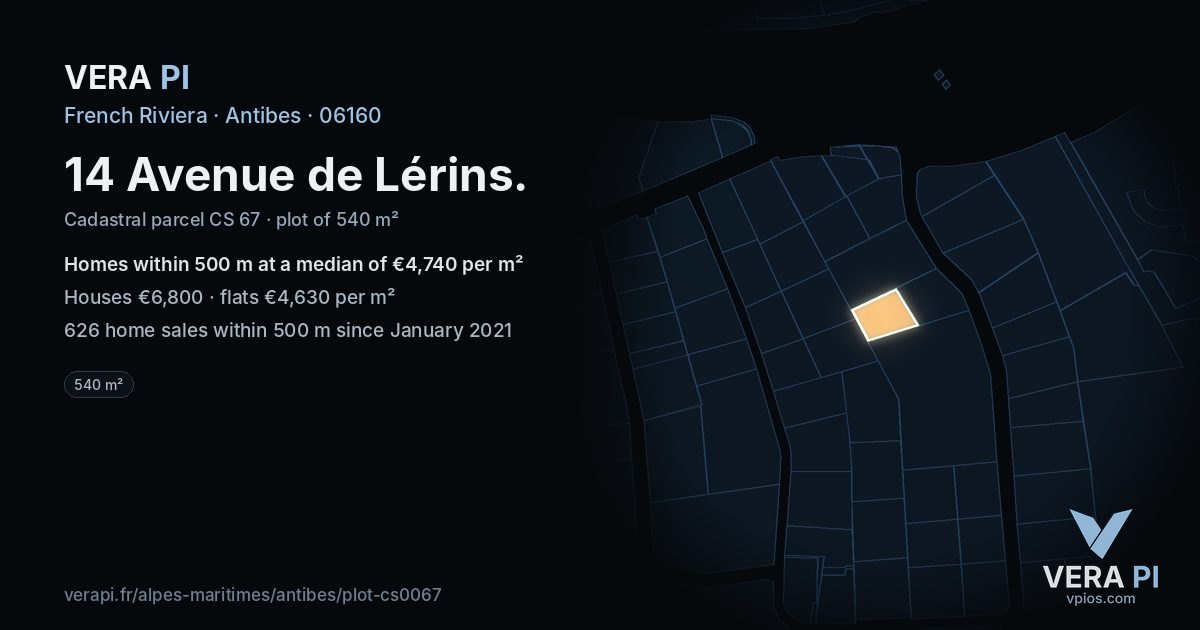 14 Avenue de Lérins, Antibes at night – the plot lit, the parcels around coloured by the prices near them