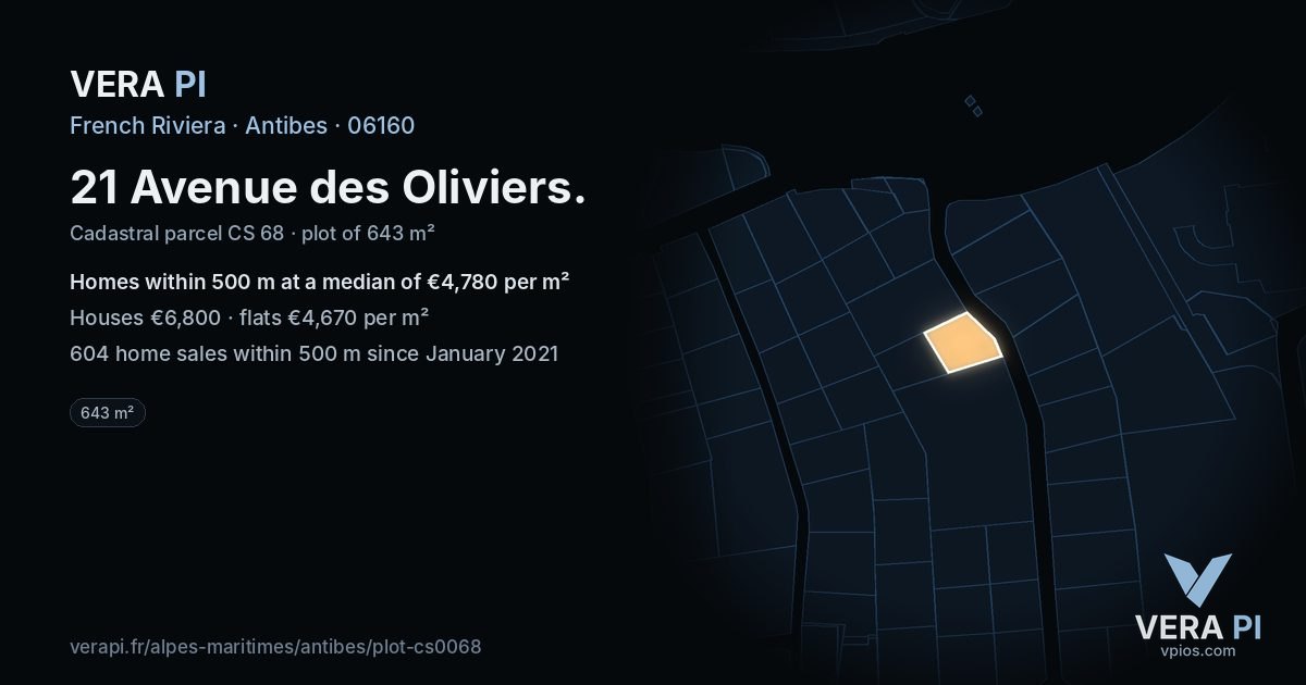 21 Avenue des Oliviers, Antibes at night – the plot lit, the parcels around coloured by the prices near them