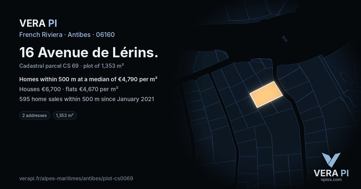 16 Avenue de Lérins, Antibes at night – the plot lit, the parcels around coloured by the prices near them