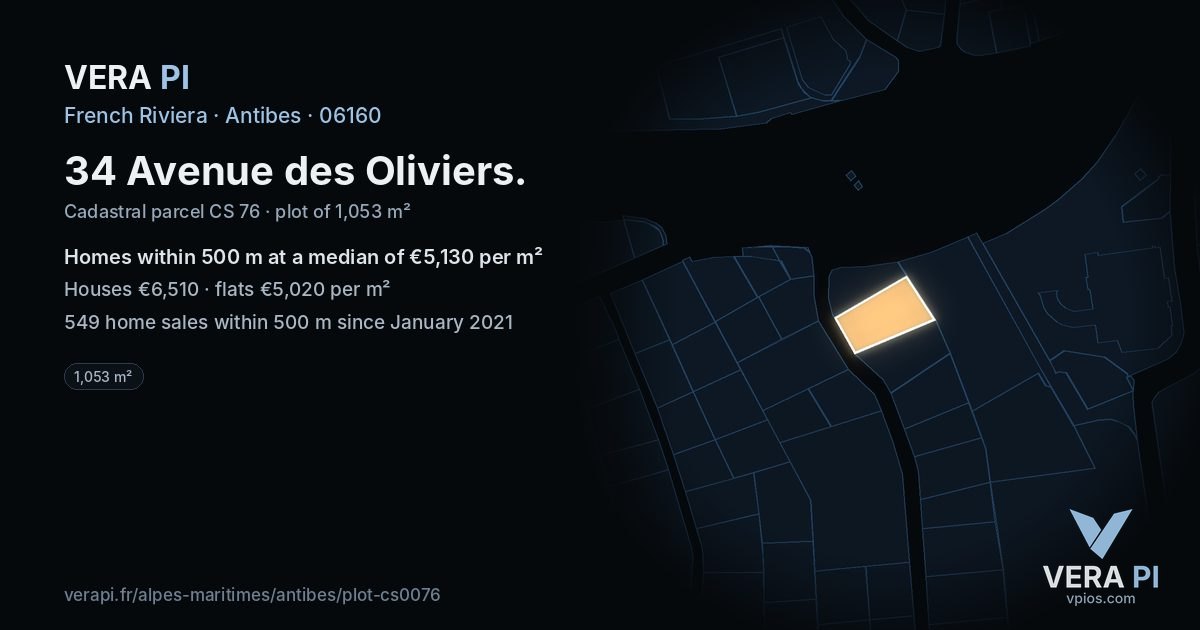 34 Avenue des Oliviers, Antibes at night – the plot lit, the parcels around coloured by the prices near them
