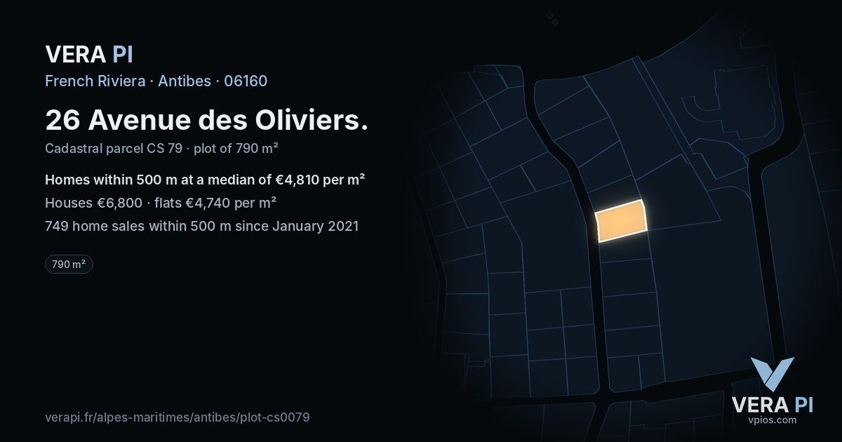 26 Avenue des Oliviers, Antibes at night – the plot lit, the parcels around coloured by the prices near them
