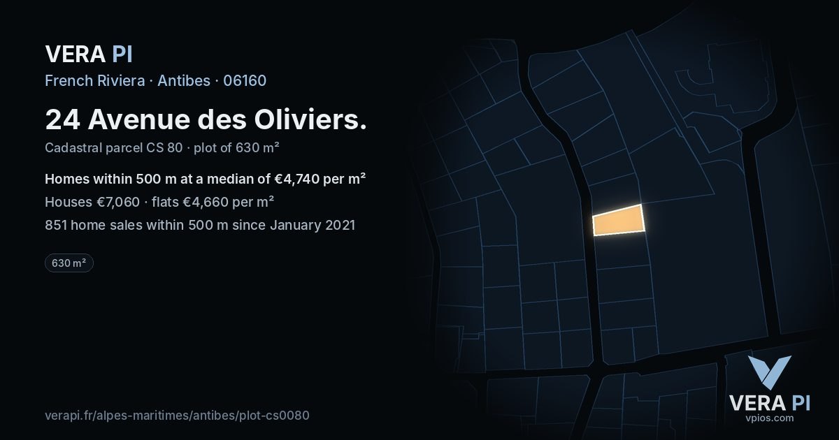 24 Avenue des Oliviers, Antibes at night – the plot lit, the parcels around coloured by the prices near them