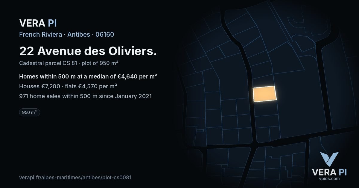 22 Avenue des Oliviers, Antibes at night – the plot lit, the parcels around coloured by the prices near them