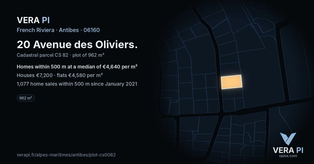 20 Avenue des Oliviers, Antibes at night – the plot lit, the parcels around coloured by the prices near them