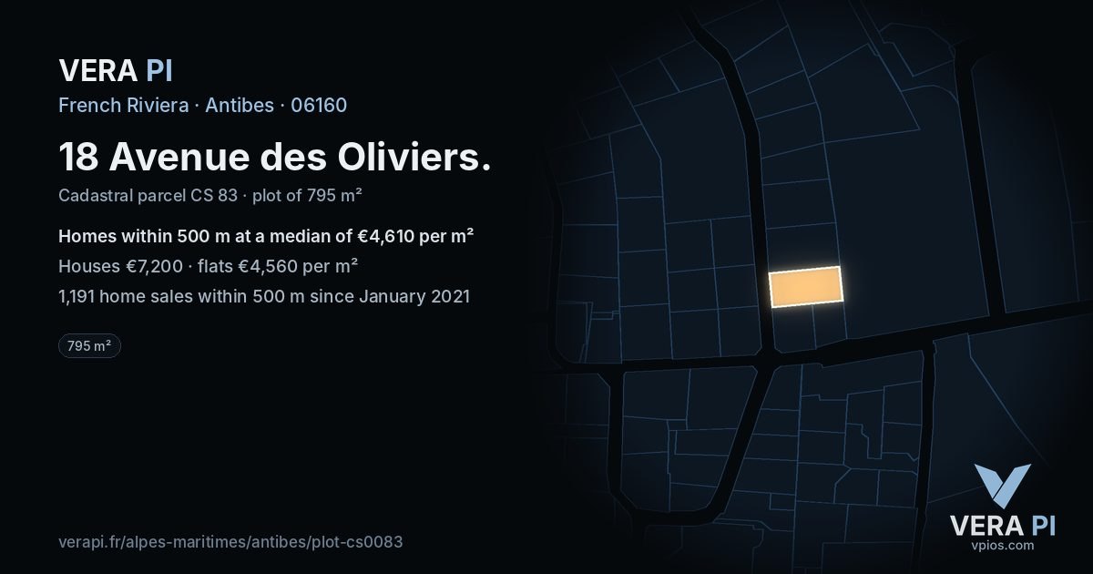 18 Avenue des Oliviers, Antibes at night – the plot lit, the parcels around coloured by the prices near them