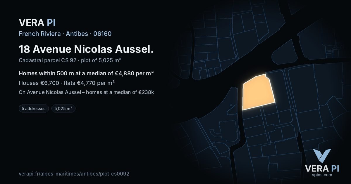 18 Avenue Nicolas Aussel, Antibes at night – the plot lit, the parcels around coloured by the prices near them