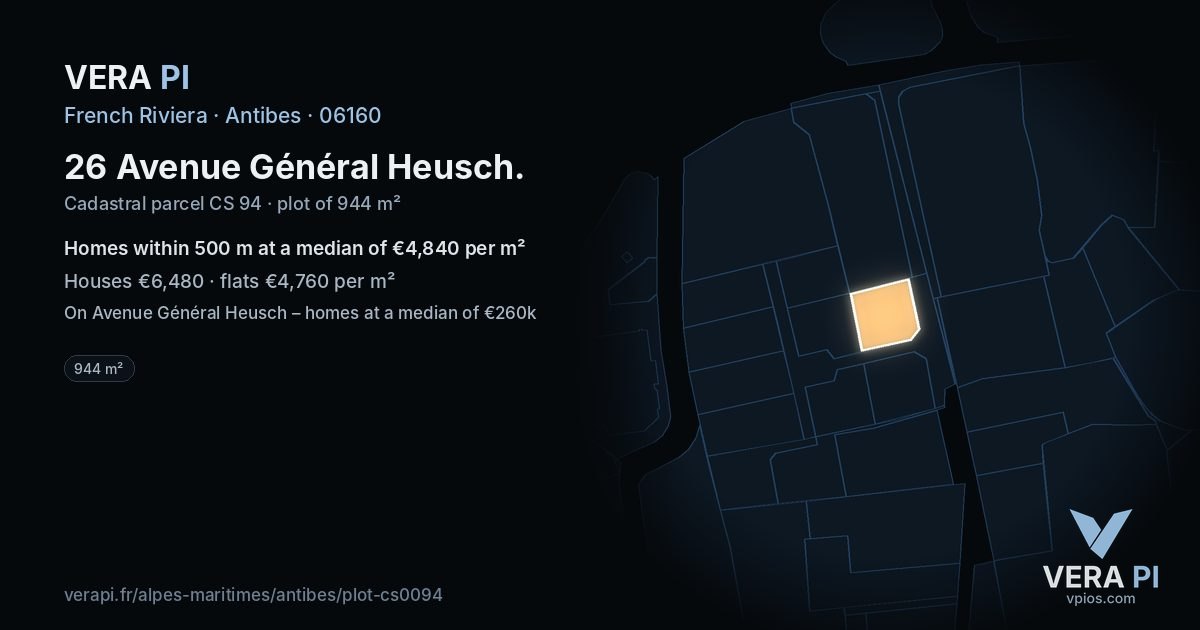 26 Avenue Général Heusch, Antibes at night – the plot lit, the parcels around coloured by the prices near them