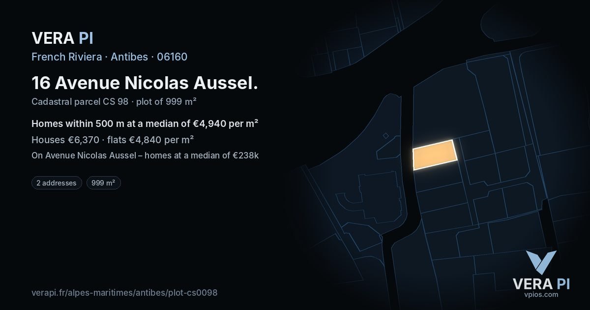 16 Avenue Nicolas Aussel, Antibes at night – the plot lit, the parcels around coloured by the prices near them