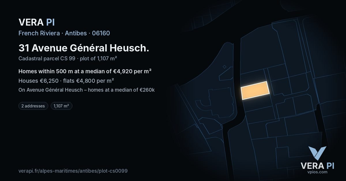 31 Avenue Général Heusch, Antibes at night – the plot lit, the parcels around coloured by the prices near them