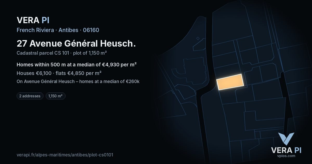 27 Avenue Général Heusch, Antibes at night – the plot lit, the parcels around coloured by the prices near them