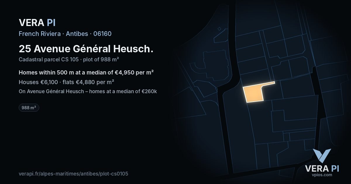 25 Avenue Général Heusch, Antibes at night – the plot lit, the parcels around coloured by the prices near them