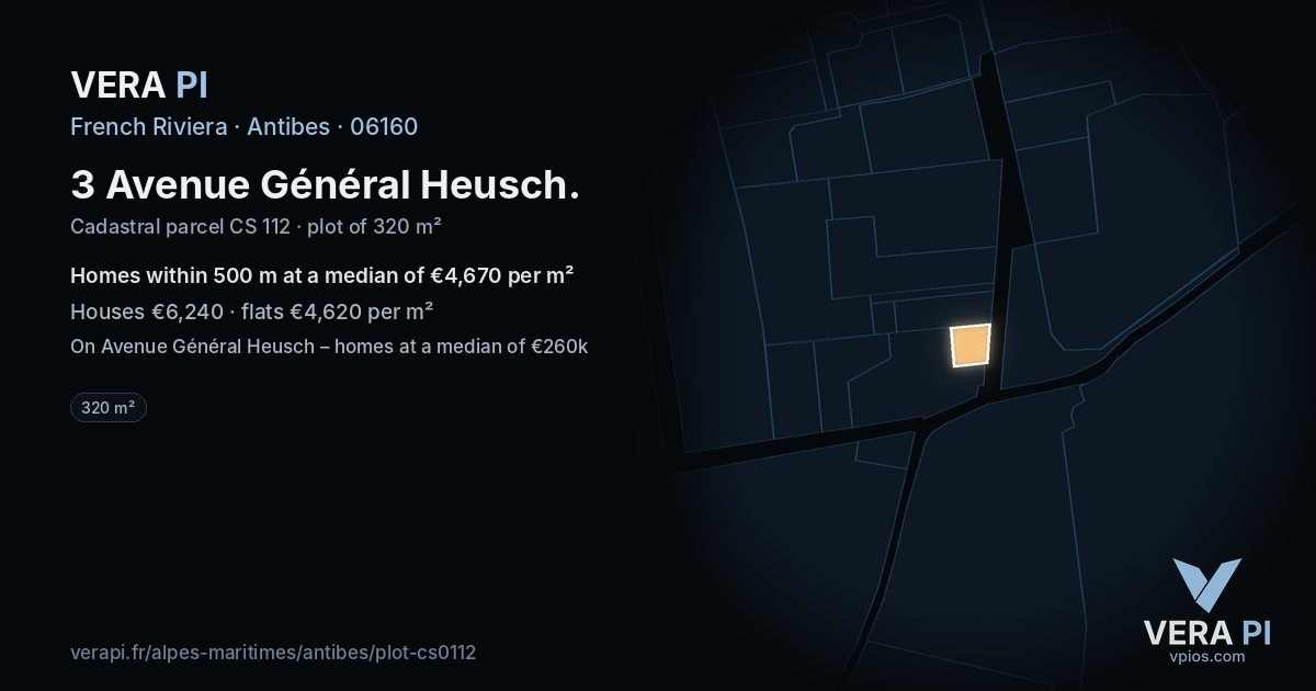 3 Avenue Général Heusch, Antibes at night – the plot lit, the parcels around coloured by the prices near them