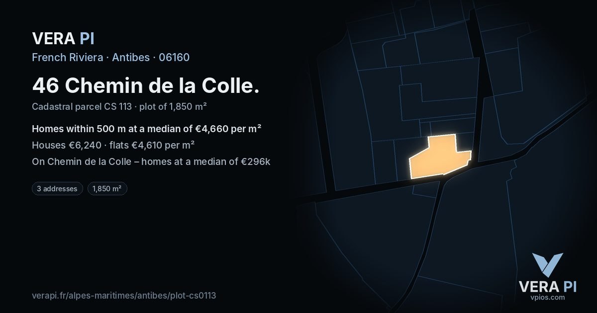46 Chemin de la Colle, Antibes at night – the plot lit, the parcels around coloured by the prices near them