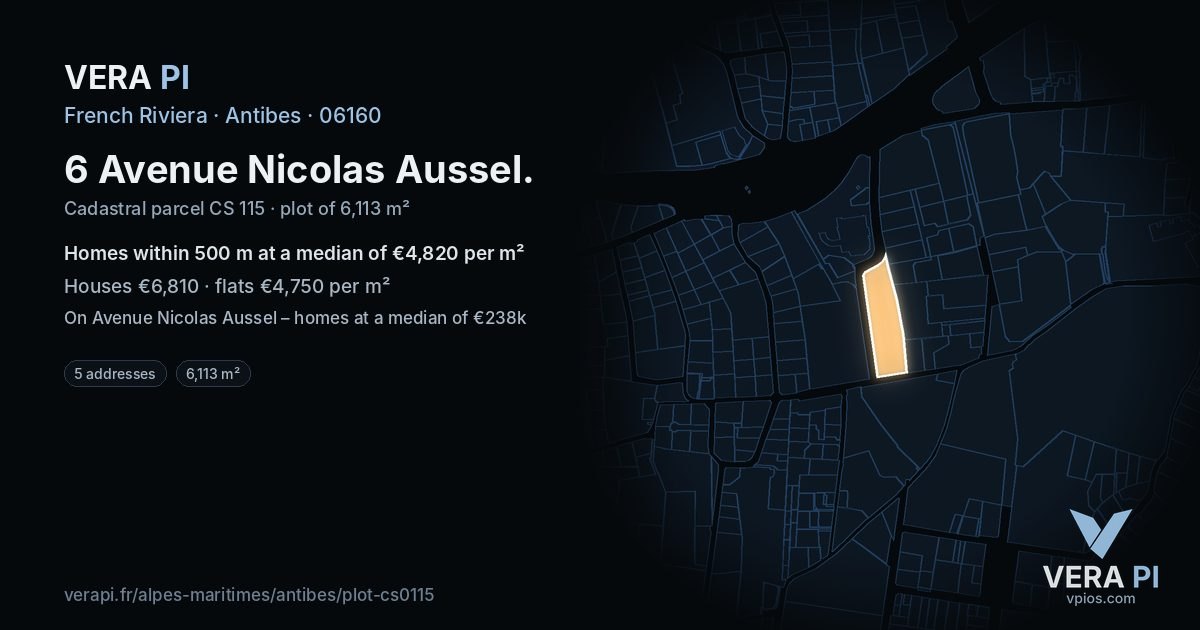 6 Avenue Nicolas Aussel, Antibes at night – the plot lit, the parcels around coloured by the prices near them