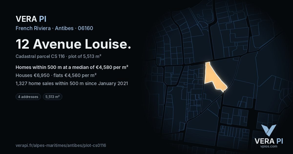 12 Avenue Louise, Antibes at night – the plot lit, the parcels around coloured by the prices near them