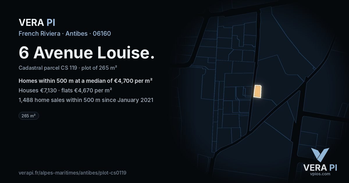 6 Avenue Louise, Antibes at night – the plot lit, the parcels around coloured by the prices near them