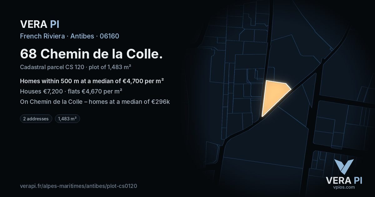 68 Chemin de la Colle, Antibes at night – the plot lit, the parcels around coloured by the prices near them