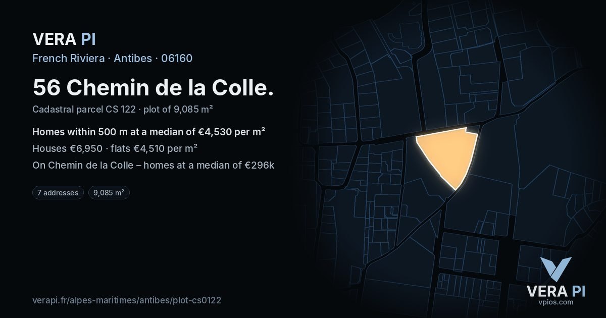 56 Chemin de la Colle, Antibes at night – the plot lit, the parcels around coloured by the prices near them