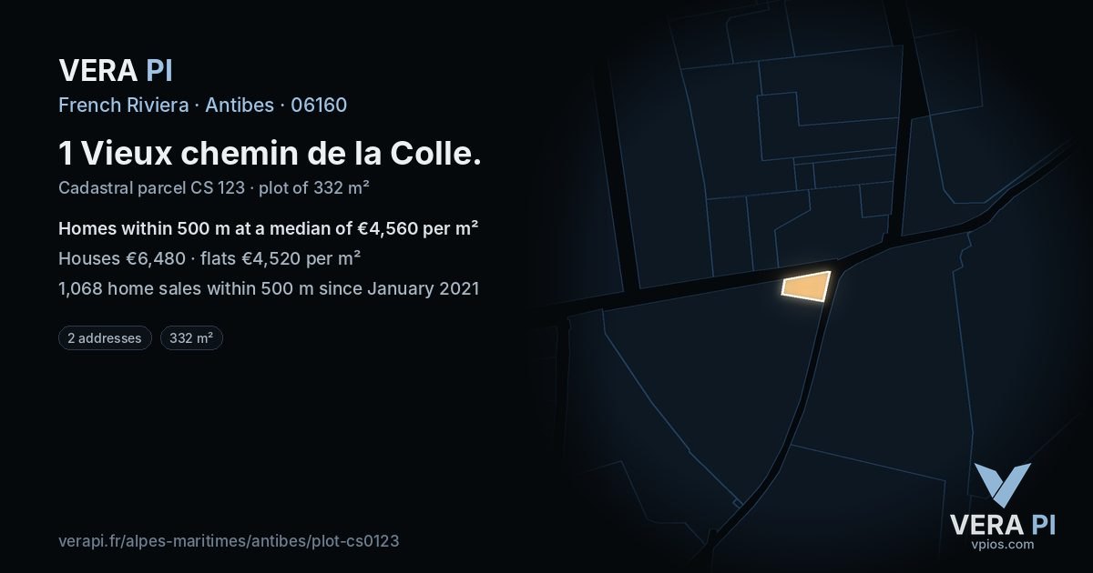 1 Vieux chemin de la Colle, Antibes at night – the plot lit, the parcels around coloured by the prices near them