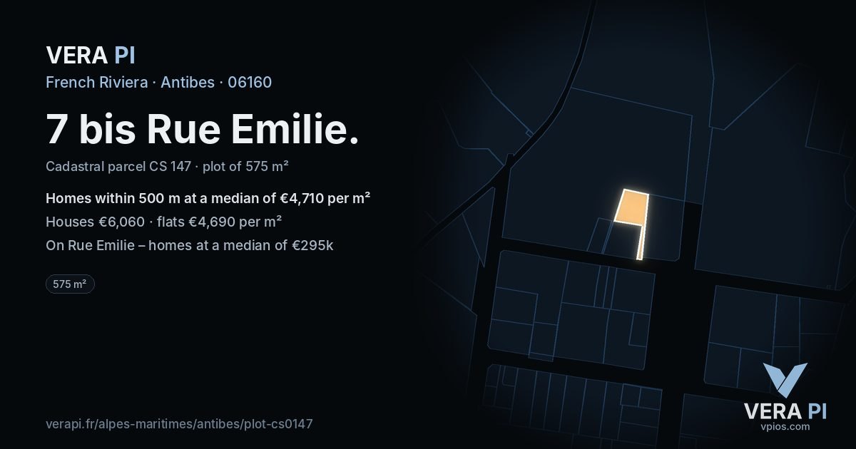 7 bis Rue Emilie, Antibes at night – the plot lit, the parcels around coloured by the prices near them