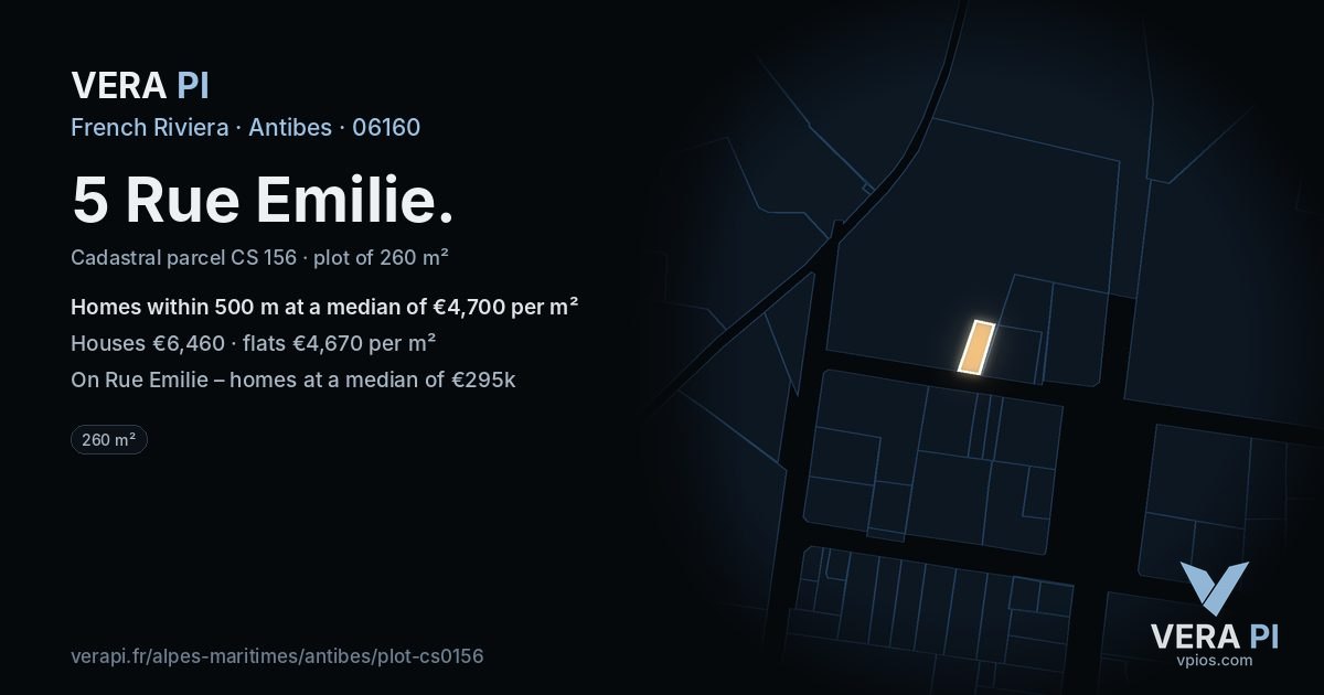 5 Rue Emilie, Antibes at night – the plot lit, the parcels around coloured by the prices near them