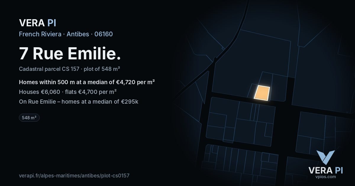 7 Rue Emilie, Antibes at night – the plot lit, the parcels around coloured by the prices near them