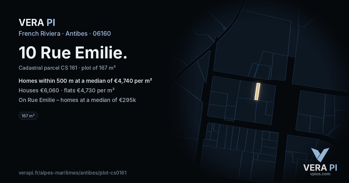 10 Rue Emilie, Antibes at night – the plot lit, the parcels around coloured by the prices near them