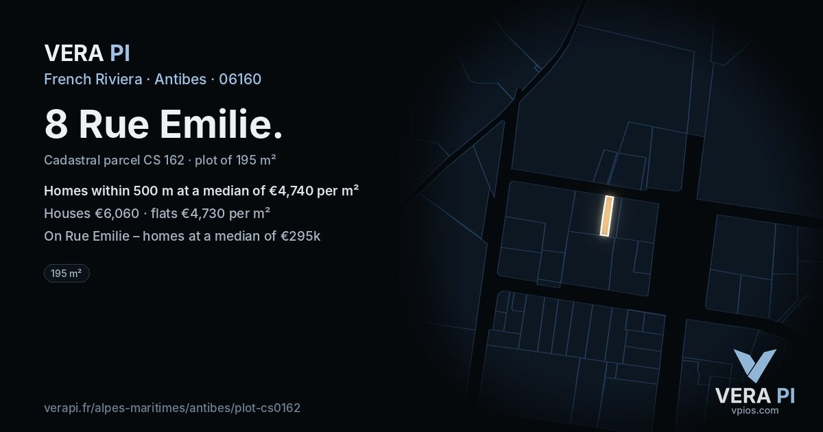 8 Rue Emilie, Antibes at night – the plot lit, the parcels around coloured by the prices near them