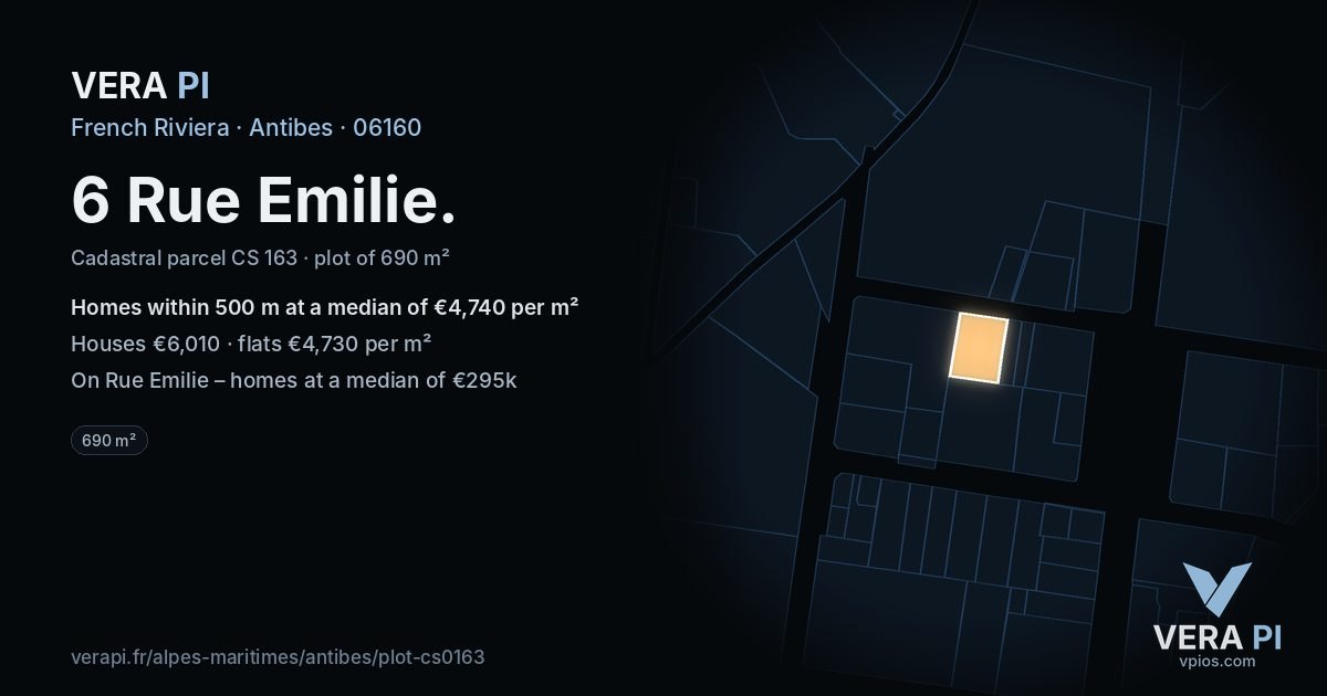 6 Rue Emilie, Antibes at night – the plot lit, the parcels around coloured by the prices near them
