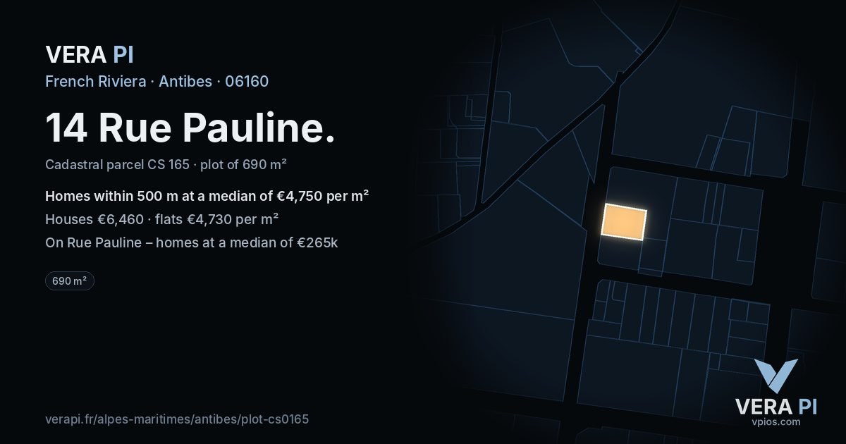 14 Rue Pauline, Antibes at night – the plot lit, the parcels around coloured by the prices near them