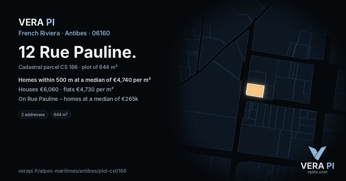 12 Rue Pauline, Antibes at night – the plot lit, the parcels around coloured by the prices near them