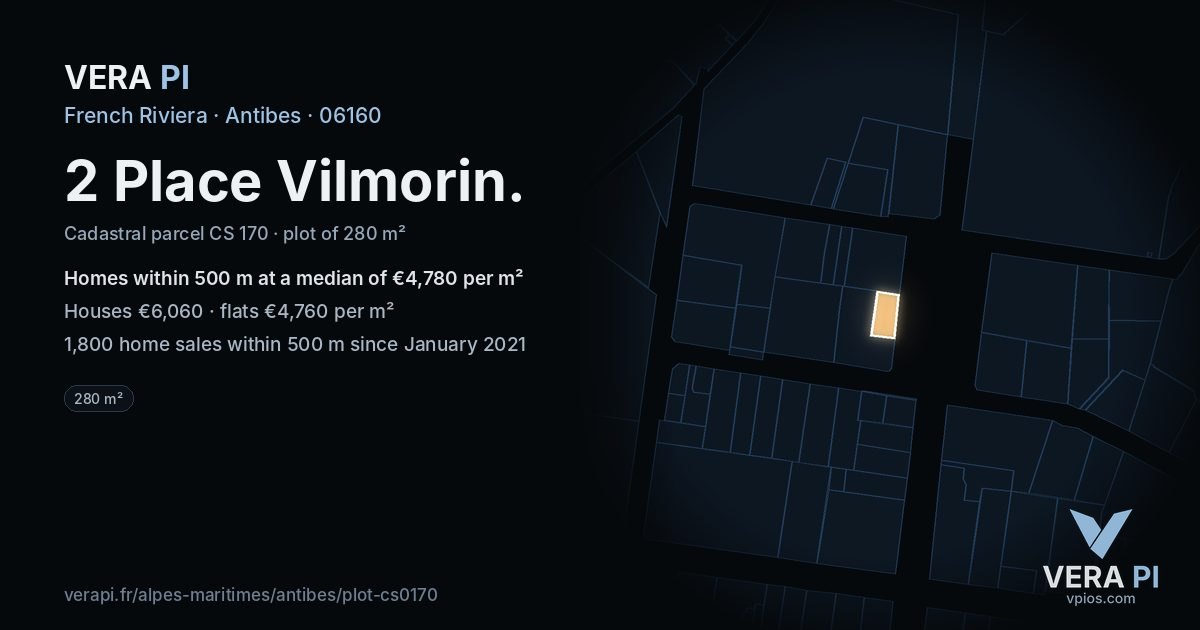 2 Place Vilmorin, Antibes at night – the plot lit, the parcels around coloured by the prices near them