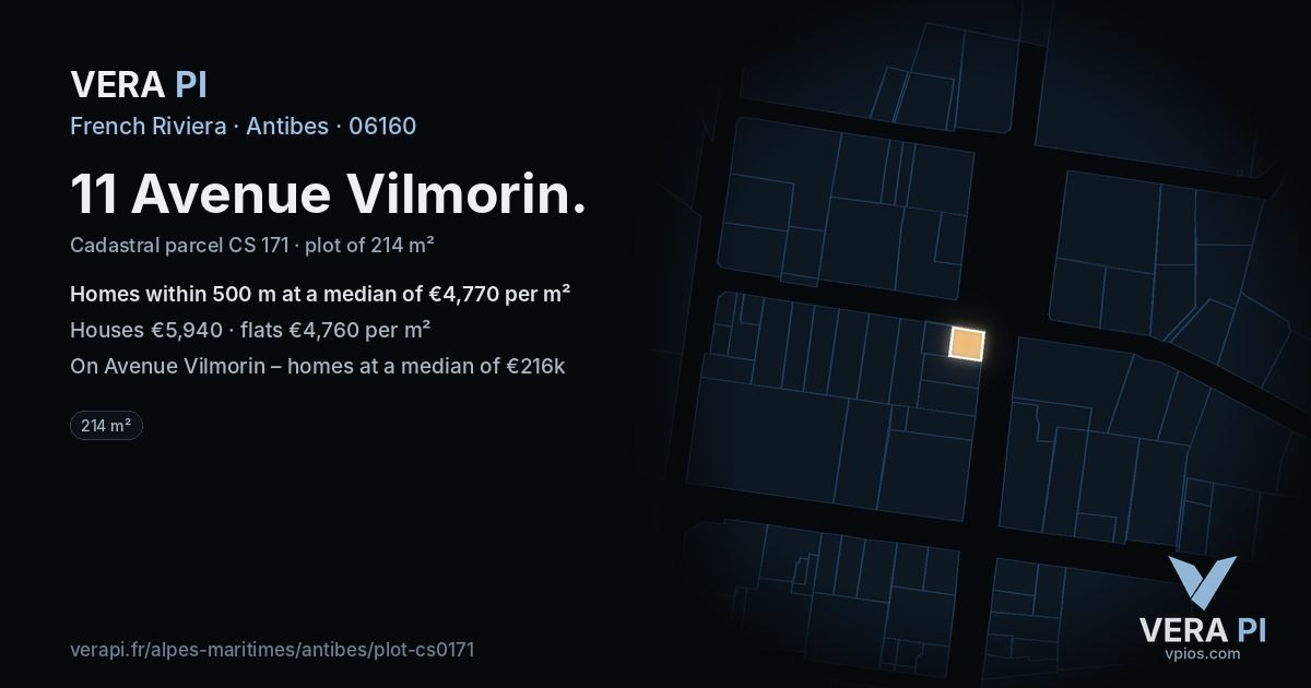 11 Avenue Vilmorin, Antibes at night – the plot lit, the parcels around coloured by the prices near them