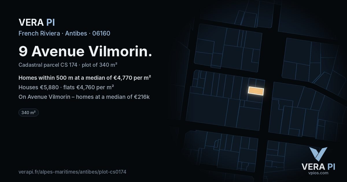 9 Avenue Vilmorin, Antibes at night – the plot lit, the parcels around coloured by the prices near them