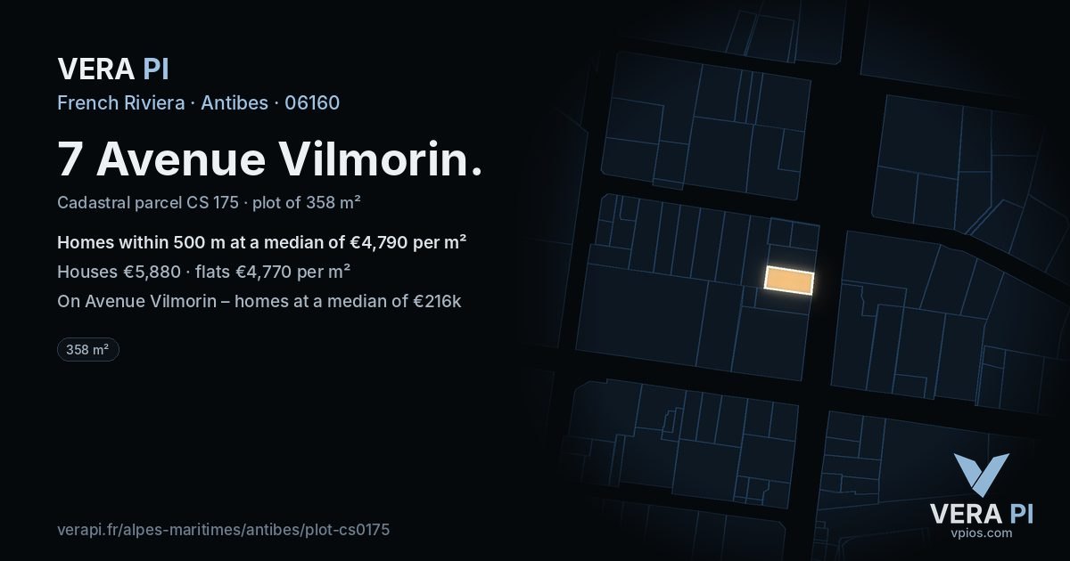 7 Avenue Vilmorin, Antibes at night – the plot lit, the parcels around coloured by the prices near them