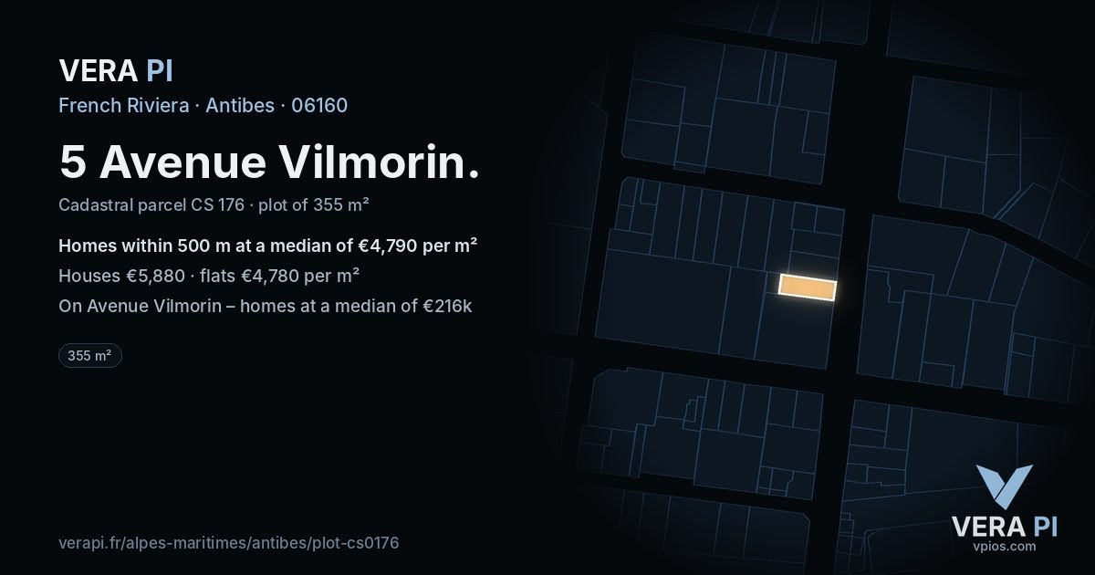 5 Avenue Vilmorin, Antibes at night – the plot lit, the parcels around coloured by the prices near them