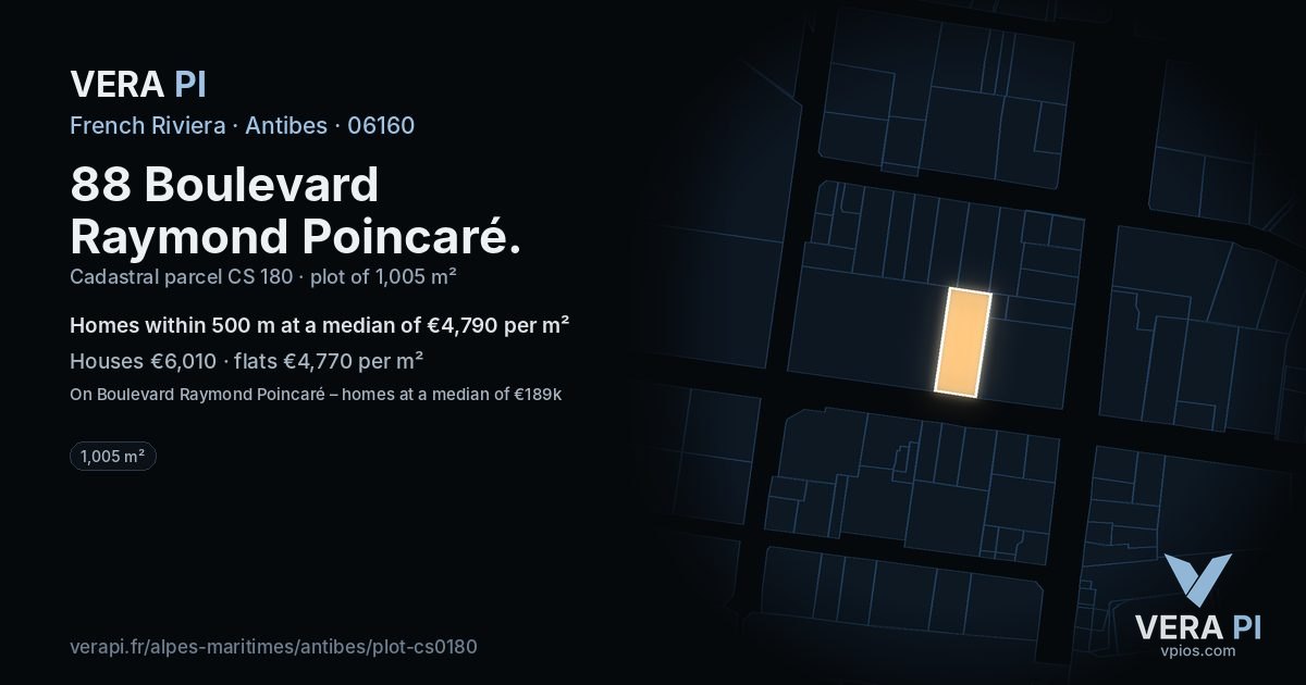 88 Boulevard Raymond Poincaré, Antibes at night – the plot lit, the parcels around coloured by the prices near them