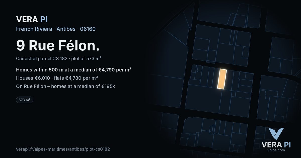 9 Rue Félon, Antibes at night – the plot lit, the parcels around coloured by the prices near them
