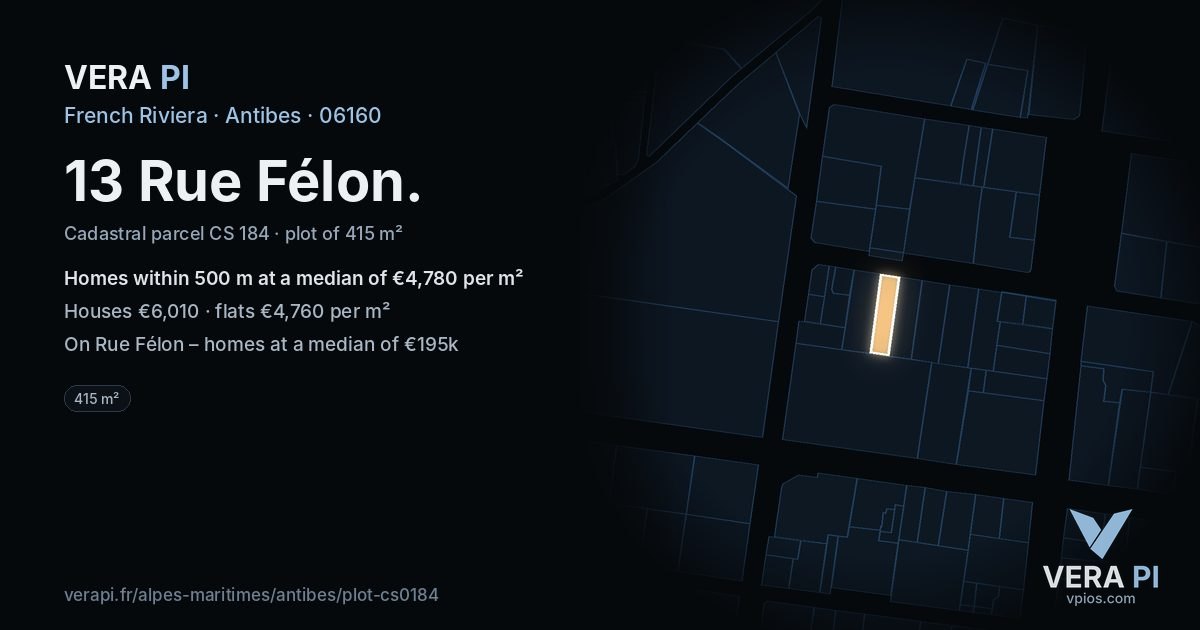 13 Rue Félon, Antibes at night – the plot lit, the parcels around coloured by the prices near them