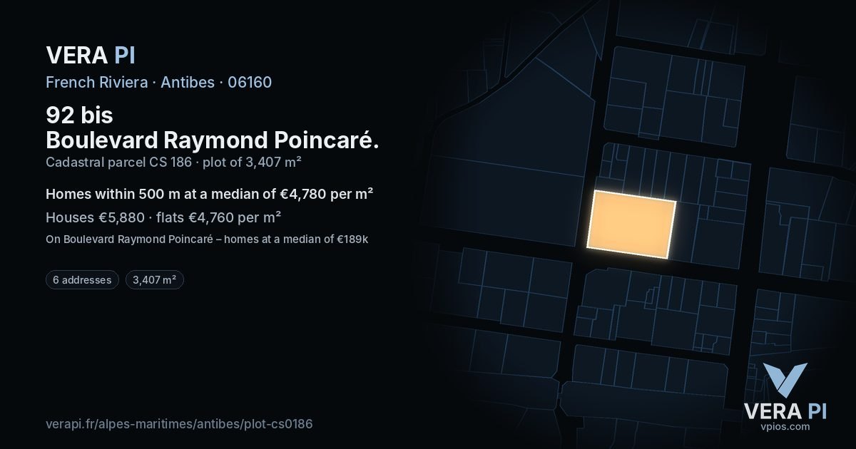 92 bis Boulevard Raymond Poincaré, Antibes at night – the plot lit, the parcels around coloured by the prices near them